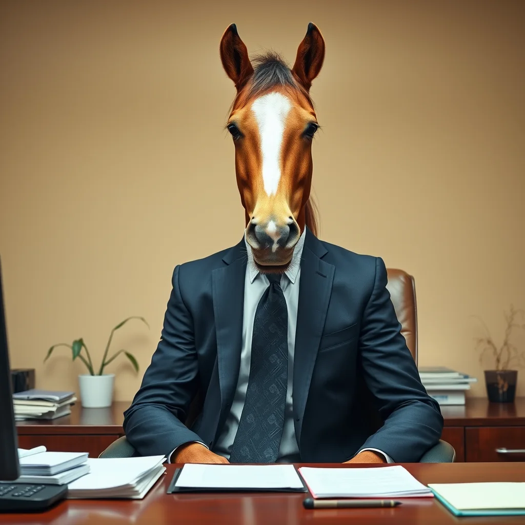 A horse in an ill-fitting navy suit sitting at an office desk, completely deadpan