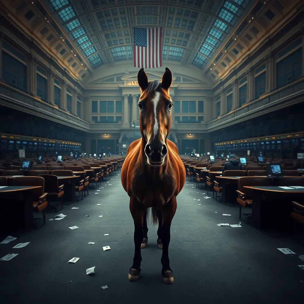 An empty stock-exchange trading floor at night with a single calm brown horse standing in the middle