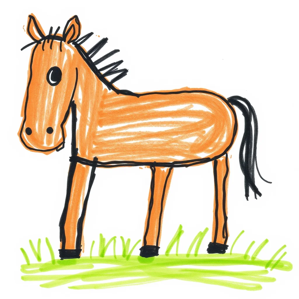A crude childlike crayon drawing of a horse with one eye bigger than the other and four stick legs of different lengths
