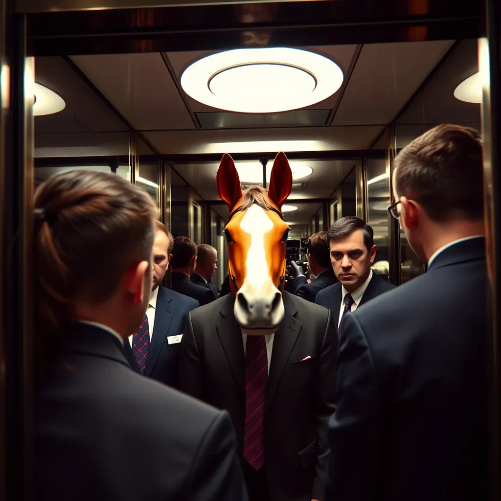 Four people in business clothes in a mirrored office elevator, one wearing a rubber horse-head mask, everyone silent