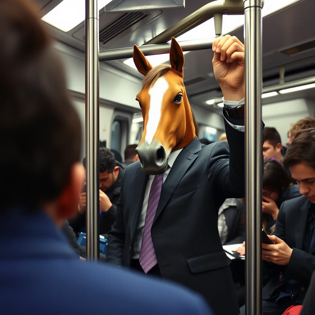 A person in a suit wearing a rubber horse-head mask holding the rail in a crowded commuter train while everyone looks at their phones
