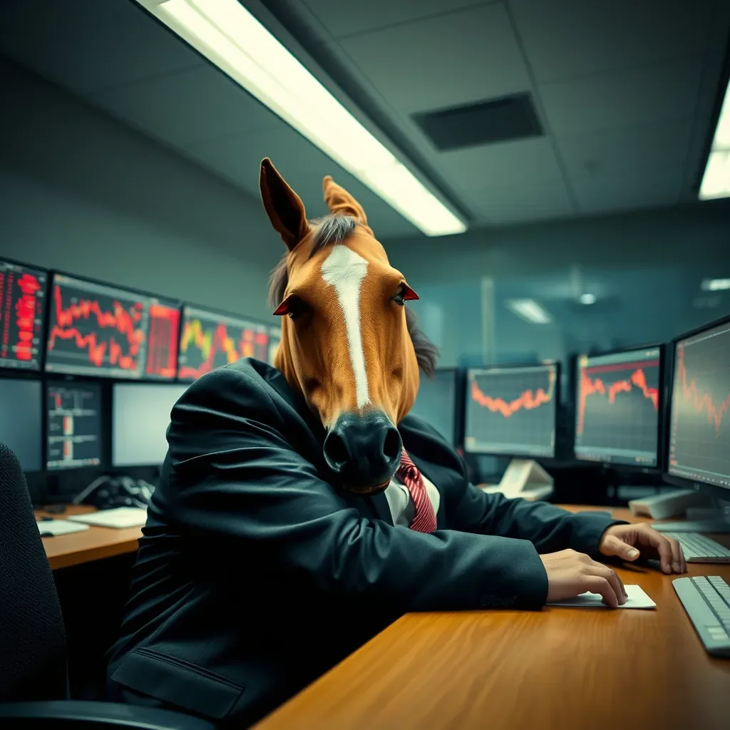 A person in a rumpled suit wearing a rubber horse-head mask asleep face-down on an office desk in front of red falling charts