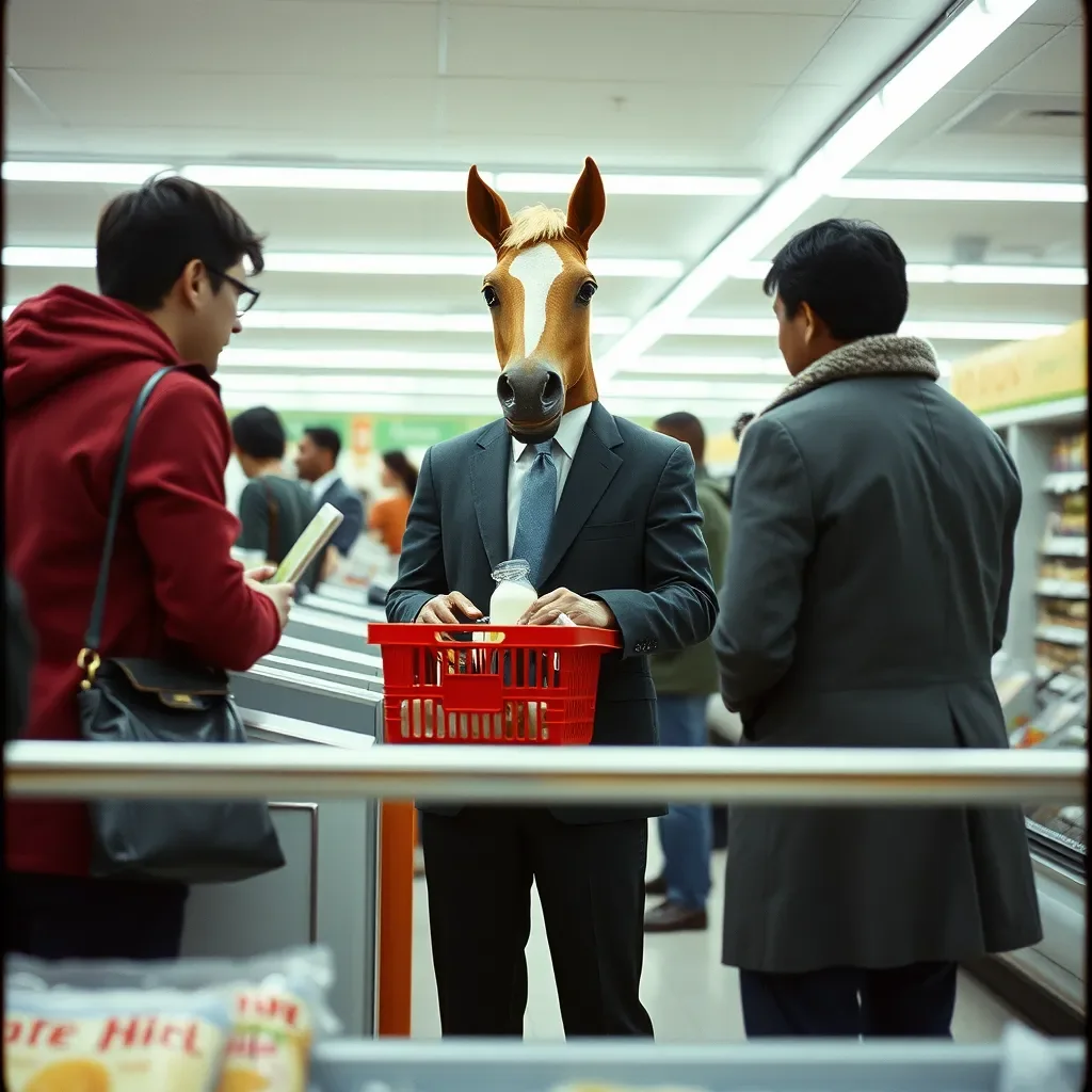 A person in a suit wearing a rubber horse-head mask waiting in a supermarket checkout queue with a shopping basket