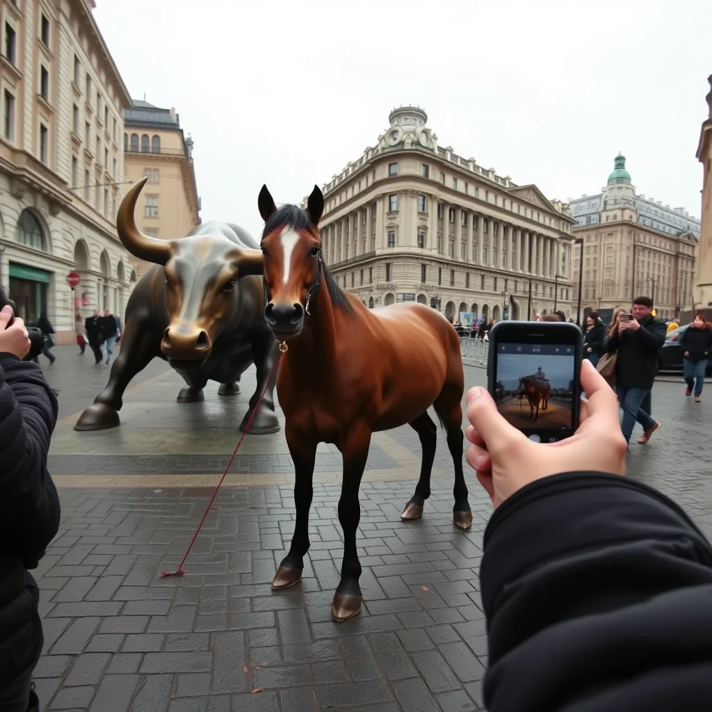 A brown horse standing calmly next to a bronze charging-bull statue on a wet cobblestone street while bystanders photograph it