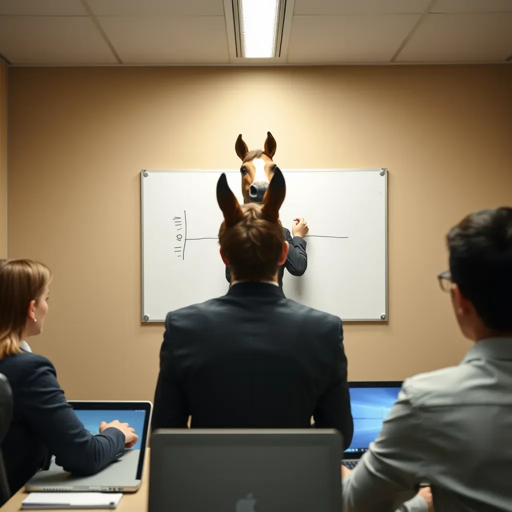 A person in a suit wearing a rubber horse-head mask presenting a whiteboard chart that is one flat horizontal line
