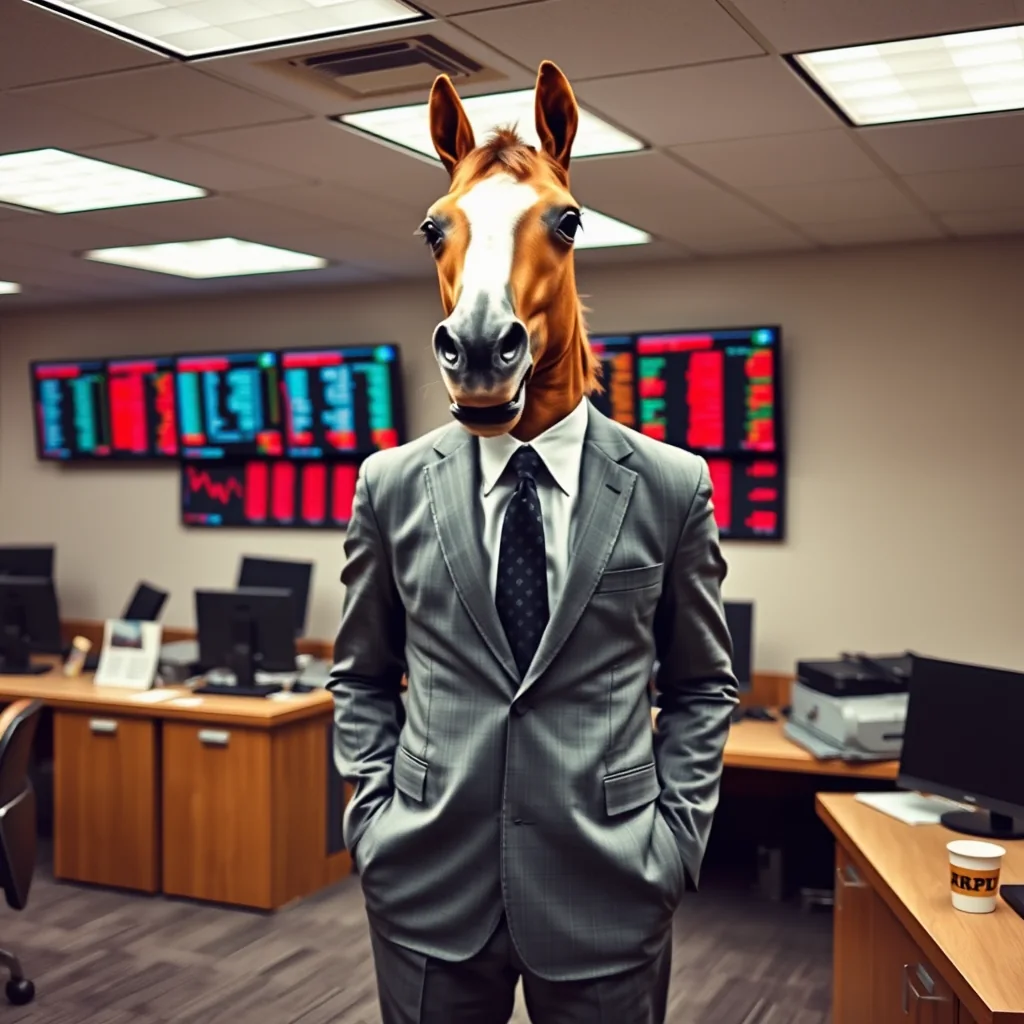 A person in a grey suit wearing a rubber horse-head mask standing in an office with red stock charts on the wall screens