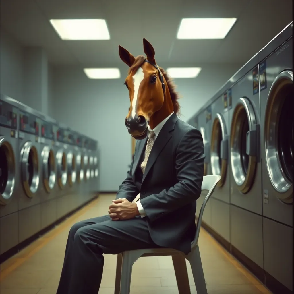 A person in a suit wearing a rubber horse-head mask sitting alone in a laundromat at night watching a washing machine